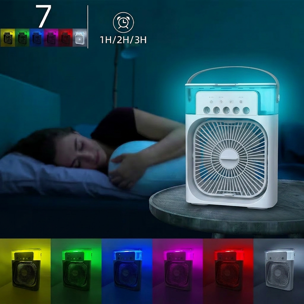 Mini klimatyzator z 7 kolorami LED i timerem 1H/2H/3H działający w nocy